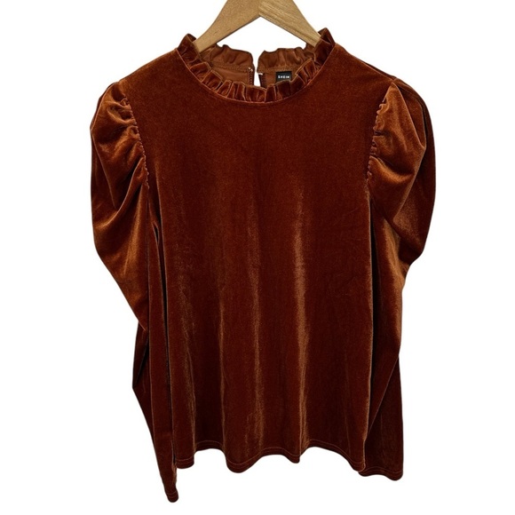 Shein Clasi Frill Trim Puff Sleeve Velvet Blouse Rust Brown Burnt Orange - Picture 4 of 10